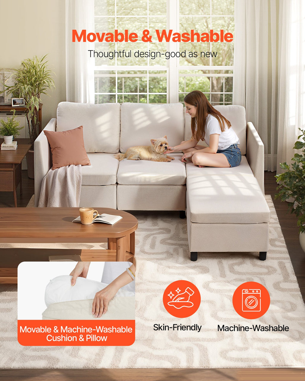 Modular Sectional Sofa, 3-Seater Modular Sofa With Hidden Storage, Cloud Sectional Couch With Ottoman & High Rebound Sponge, Solid Wood Frame Upholstered Couch For Living Room, Bedroom, Beige