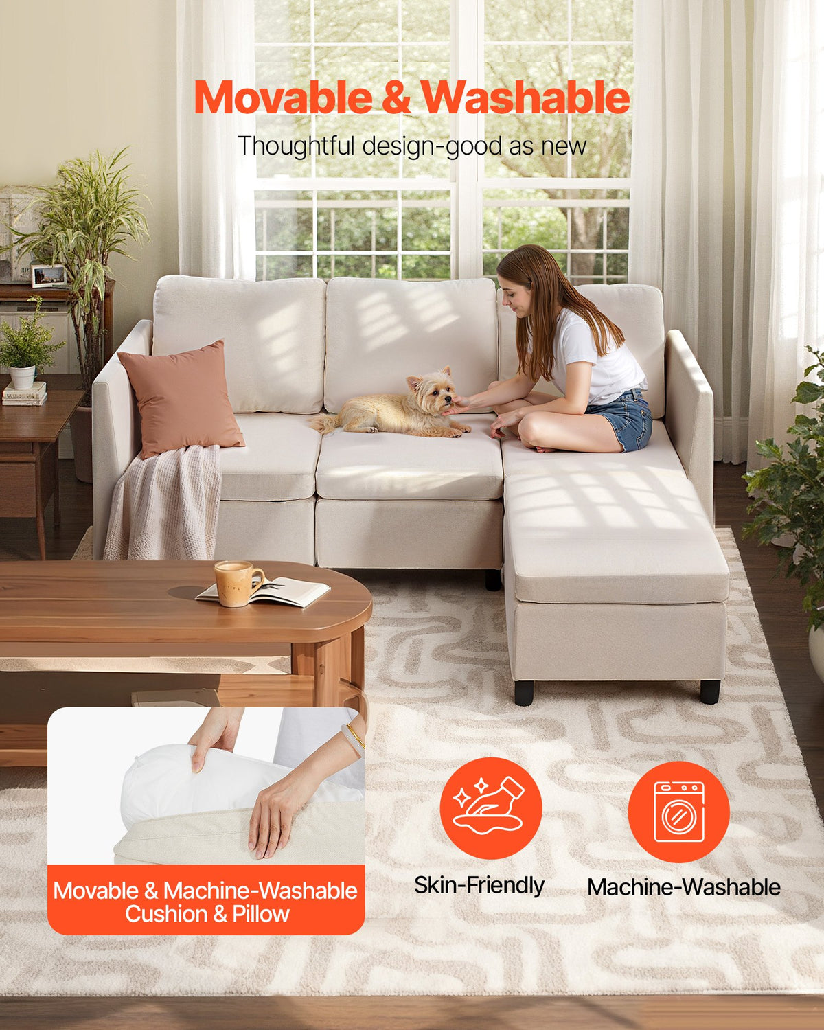 Modular Sectional Sofa, 3-Seater Modular Sofa With Hidden Storage, Cloud Sectional Couch With Ottoman & High Rebound Sponge, Solid Wood Frame Upholstered Couch For Living Room, Bedroom, Beige