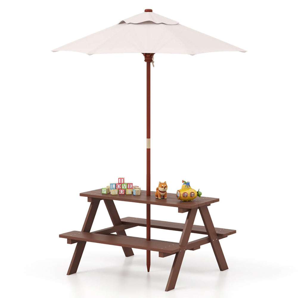 Outdoor 4-Seat Kids Picnic Table Bench Set With Removable Umbrella