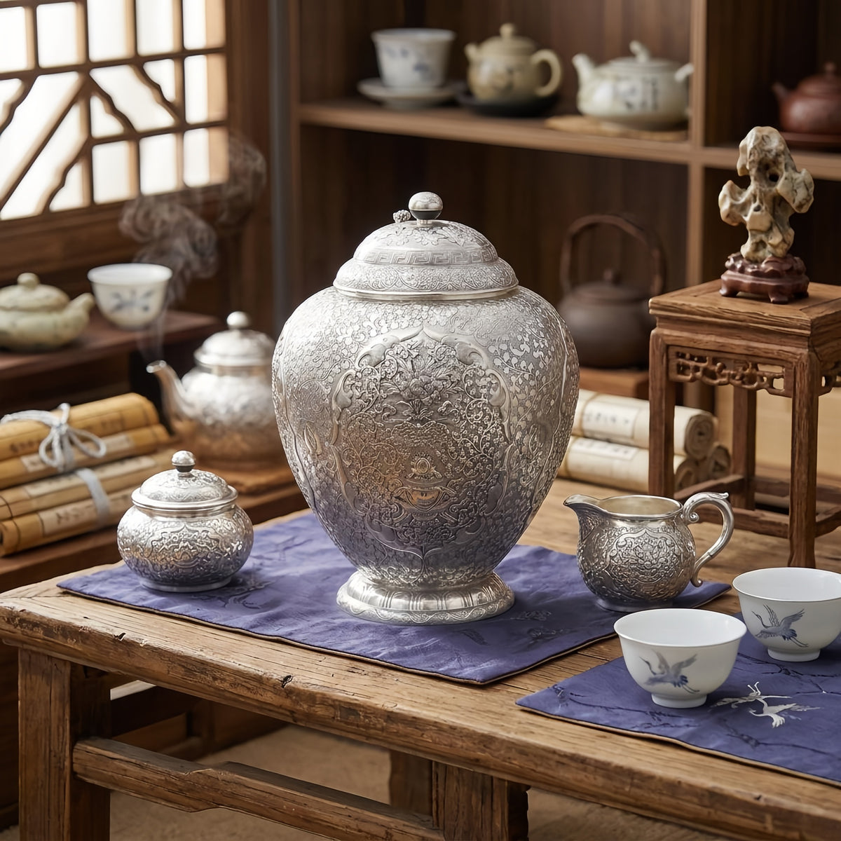 925 Sterling Silver Exquisite Handcrafted Silver Ornate Lidded Jar with Intricate Floral Repoussé Patterns - Handicraft