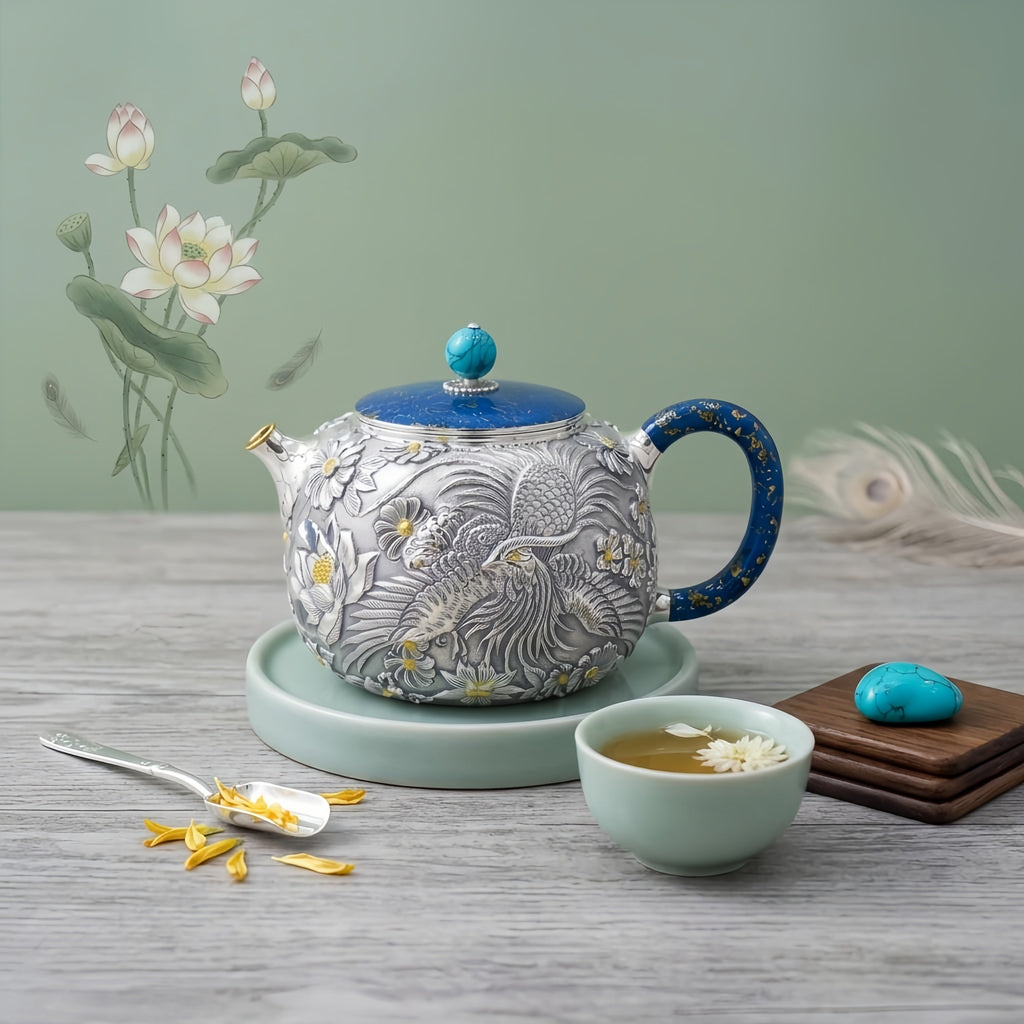 Pure 999 Fine Silver Intricate Silver Phoenix Teapot Featuring Vibrant Blue Accents and Handcrafted Floral Motifs - Handicraft