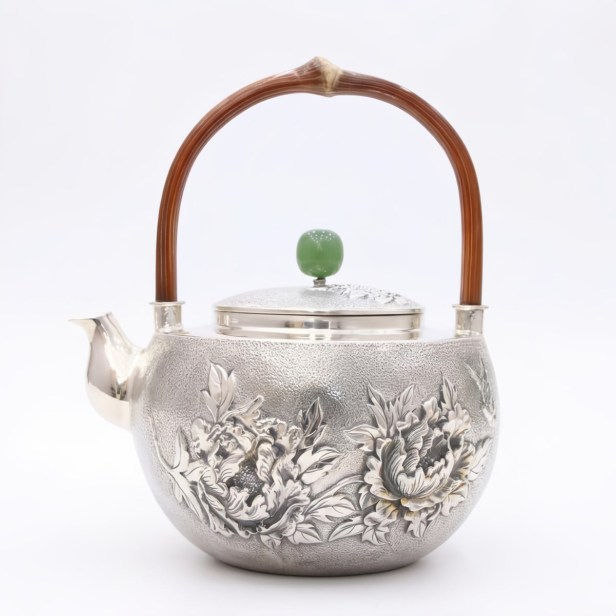 925 Sterling Silver Handcrafted Fine Silver Teapot with Intricate Peony Relief and Jade Green Finial - Handicraft