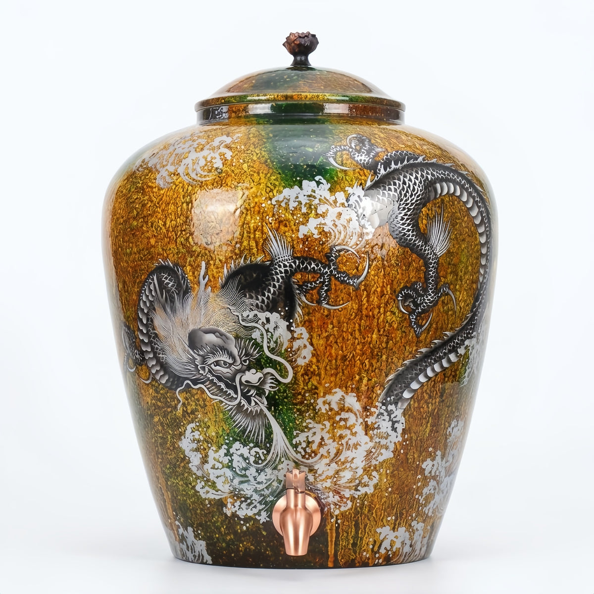 925 Sterling Silver Hand-Crafted Ceramic Dragon Beverage Jar with Polished Metallic Spigot and Decorative Lid - Handicraft
