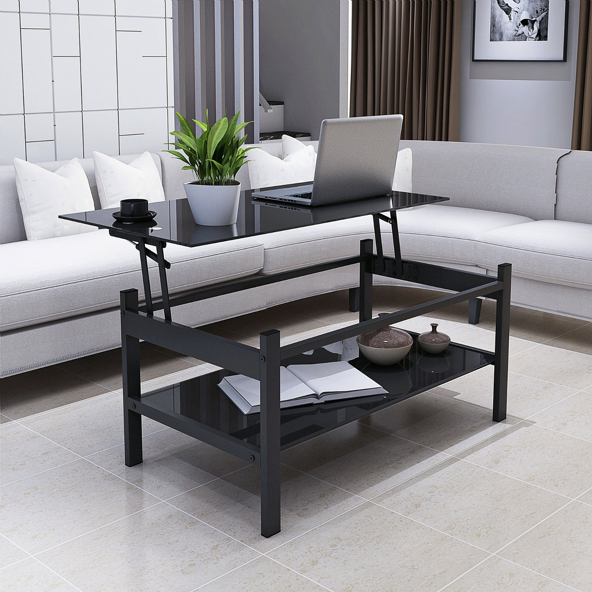 Glass Lift Top Coffee Table, 2-Layer Tempered Glass, Modern Simple, Black
