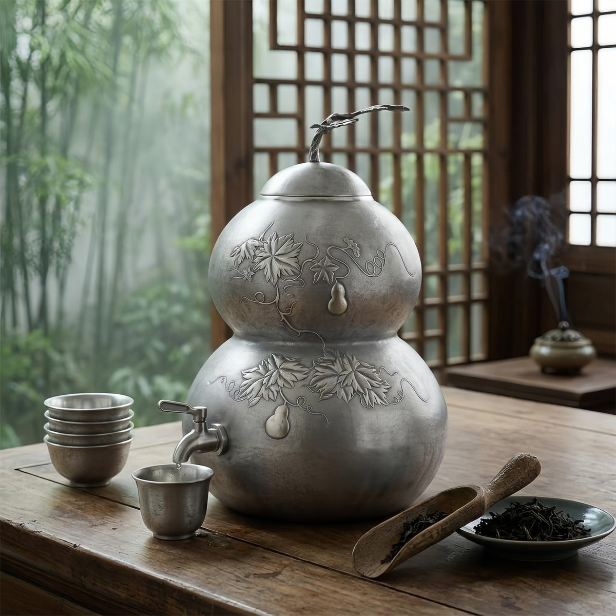 Pure 999 Fine Silver Elegant  Gourd-Shaped Vessel with Intricate Leaf and Vine Motifs-Premium gourd - Handicraft