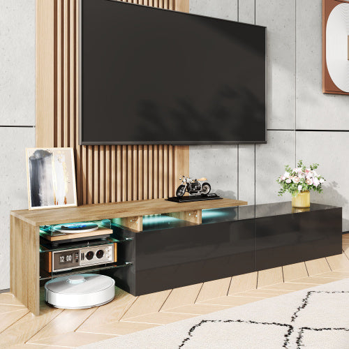 Modern TV Cabinet Design Stylish And Elegant, Practical Storage Space, Black And Wood Look, Glass Shelves, LED Lighting