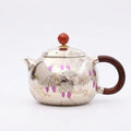 Pure 999 Fine Silver Ornate Hammered Silver Teapot with Purple Grape Motifs and a Wooden Handle - Handicraft