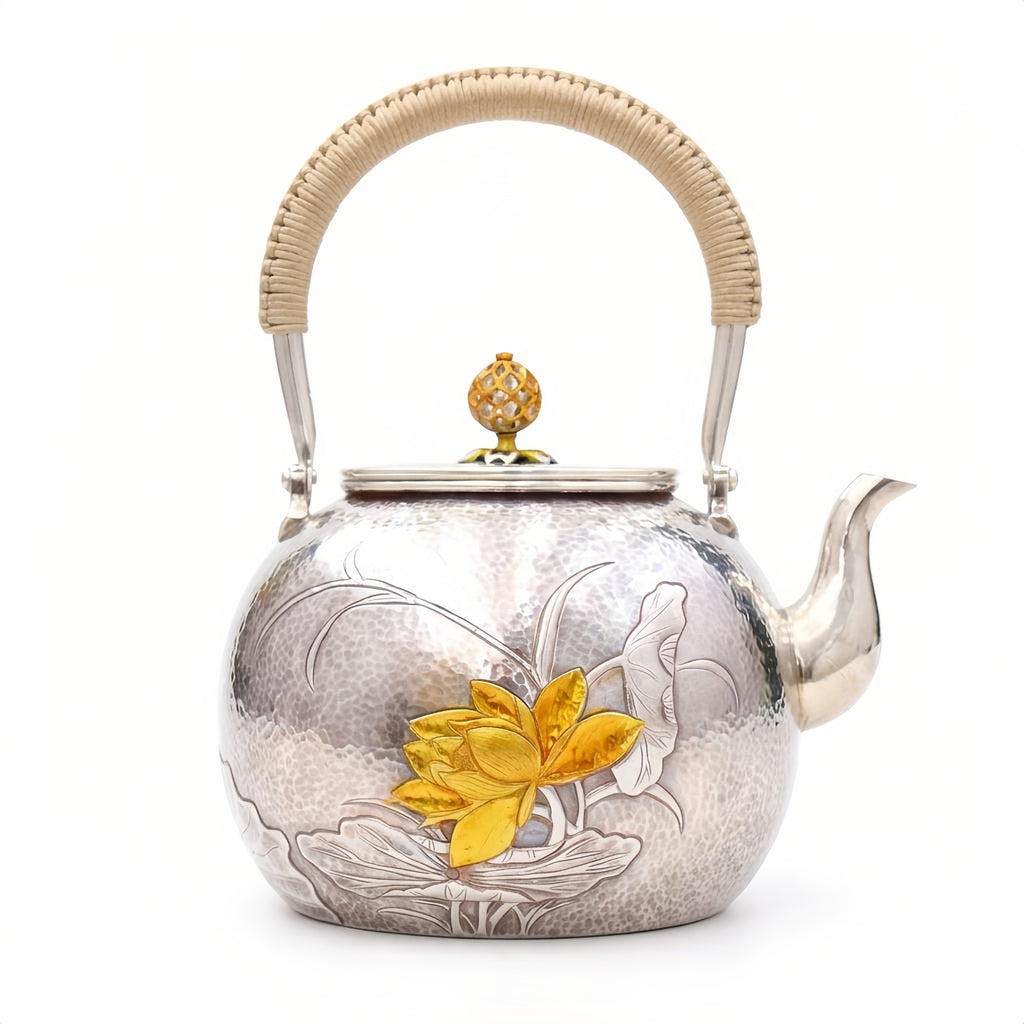 Pure 999 Fine Silver Handcrafted Hammered Silver Teapot with Ornate Lotus Blossom and Woven Rattan Handle - Handicraft