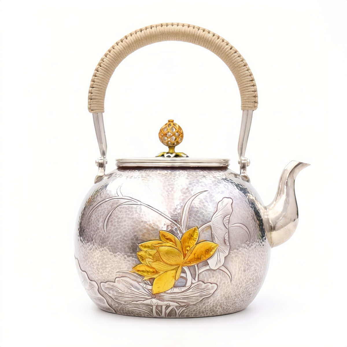 Pure 999 Fine Silver Handcrafted Hammered Silver Teapot with Ornate Lotus Blossom and Woven Rattan Handle - Handicraft