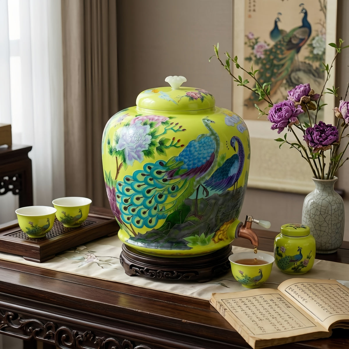 Pure 999 Fine Silver Vibrant Hand-Painted Peacock and Peony Ceramic Water Dispenser with Copper Spigot - Handicraft