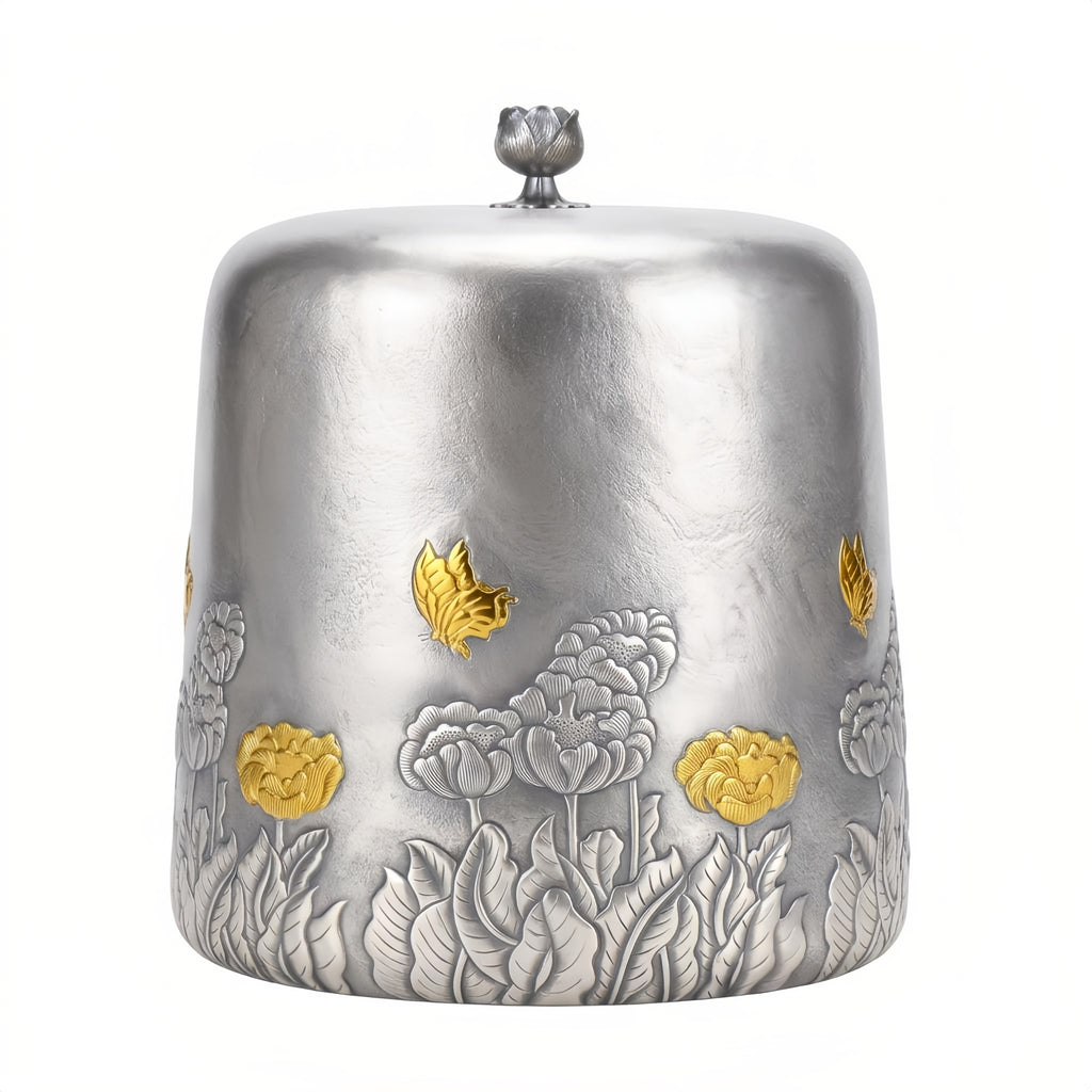 Pure 999 Fine Silver Ornate Silver-Finished Metal Canister with Intricate Floral and Butterfly Reliefs - Handicraft
