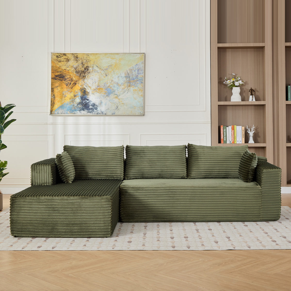 Compression Sectional Couch With Comfy Chaise, Boneless L Shape Sofa With Deep Seat, Minimalist Modular Couches Sleeper For Living Room Bedroom Apartment Lounge,corduroy,Green