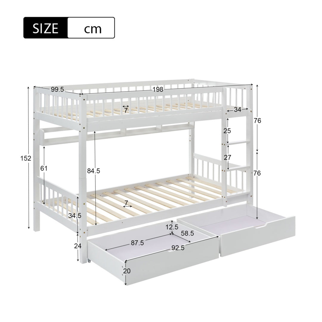 Bunk Bed, Kids Children, 3FT Solid Pine Wood Single Bed Frame & Under Bed Slide Drawer Storage, With Shelf, White 90x190cm