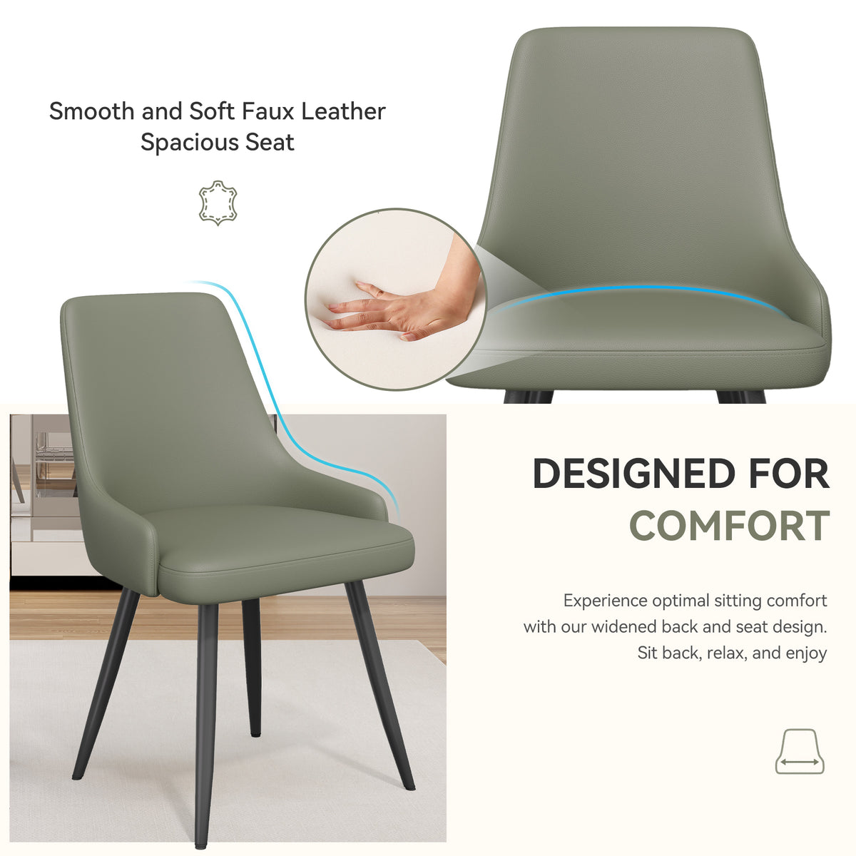 Modern Dining Chairs Set Of 2, Faux Leather Upholstered Dining Room Chairs With Widened Seat, Armless Side Chairs With Metal Legs