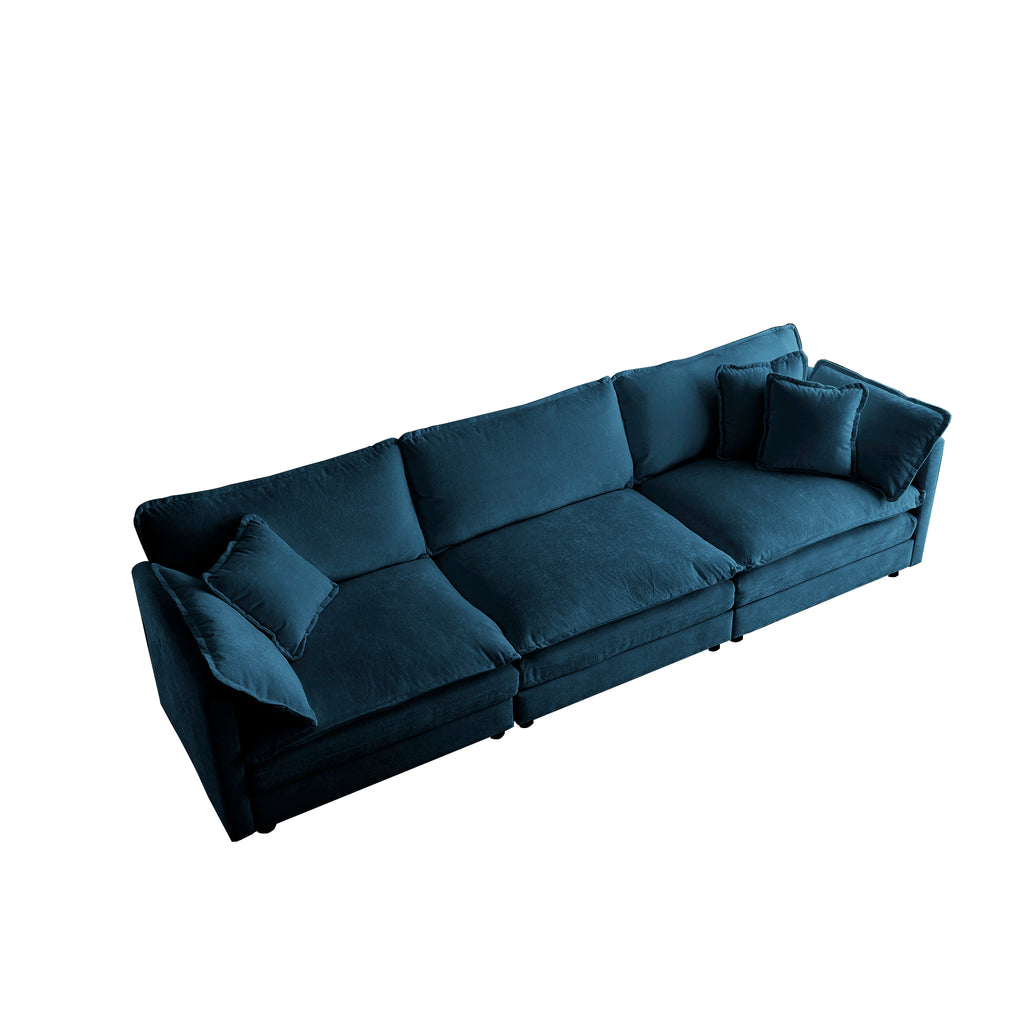 Mid-Century Modern Couch 3-Seater Sofa With 2 Armrest Pillows And 3 Toss Pillows, Couch For Living Room Blue Chenille