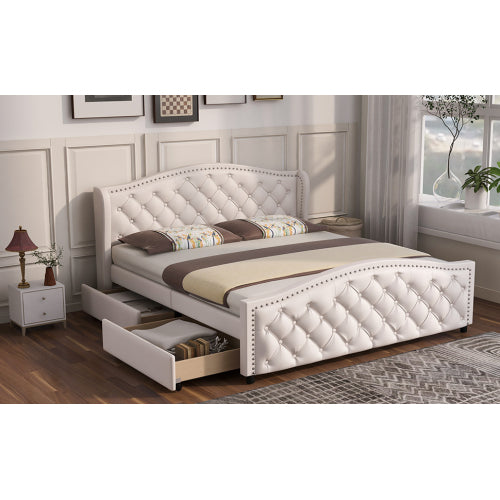 Upholstered Bed 135 X 190cm - Bed With Slatted Frame, 2 Drawers And Headboard With Pull Point Rivets - Wood & Faux Leather - White - Youth Bed Guest Bed