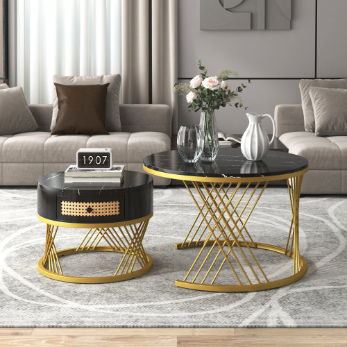 2 In 1 Round Coffee Table Made Of MDF With Marble Grain Veneer Top, Rattan Drawers And Solid Wood Handles. Gold Coloured Iron Legs. 70x70x45.5  50x50x38.5cm