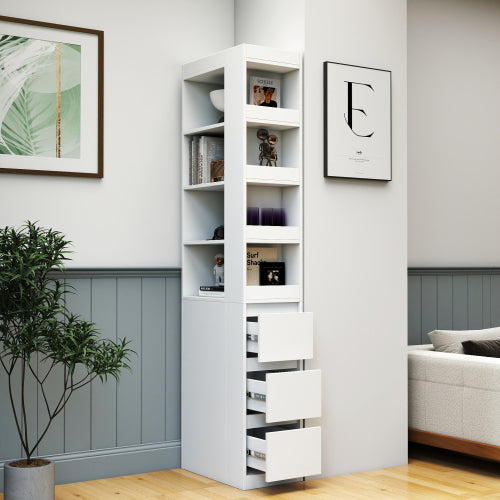 70.87 H Display Storage Cabinet , 4-Tier Shelf, 3 Side Drawers & 4 Small Display Shelves , Modern Wooden Tall Bookshelf Bookcase For Living Room Home Office