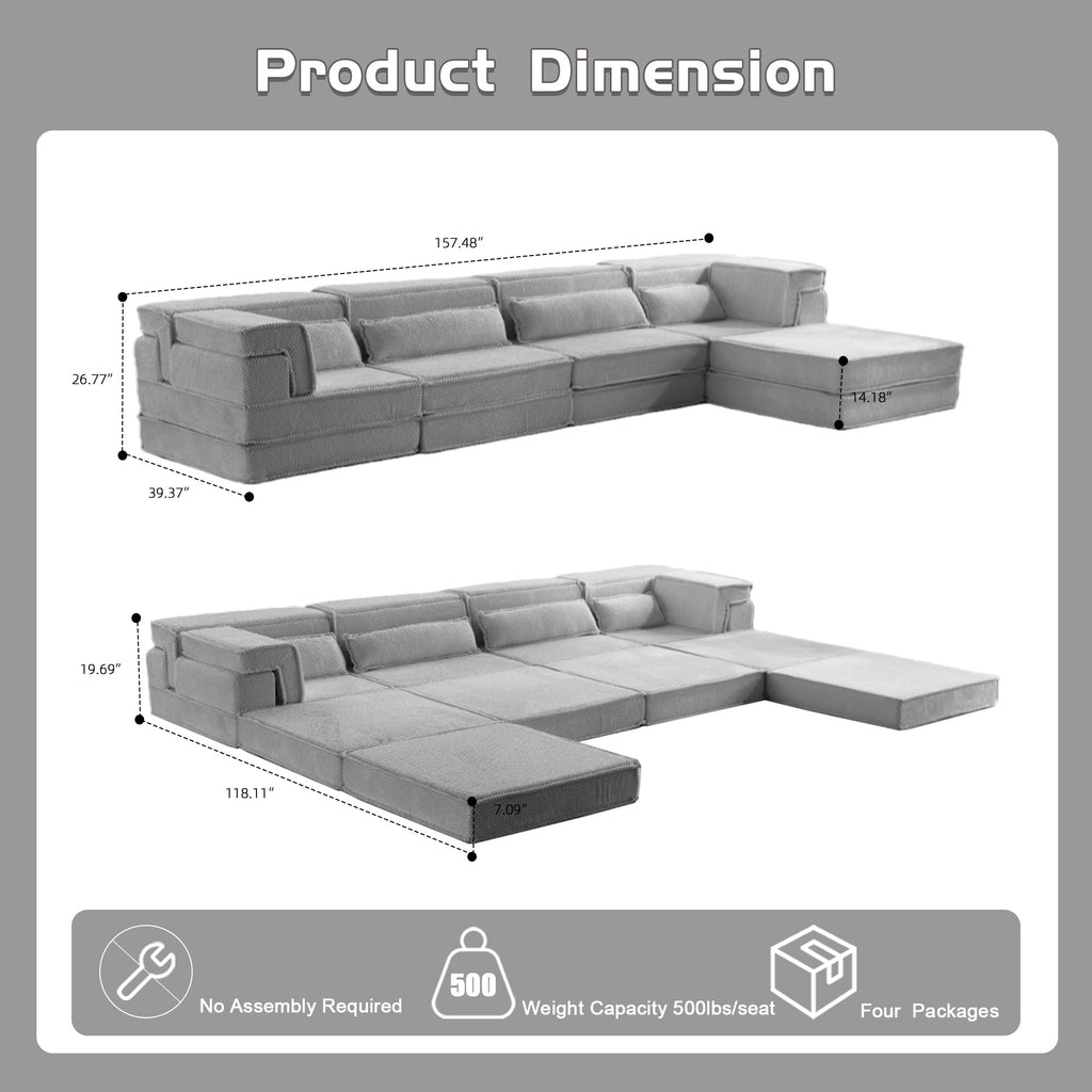 Compression Mahjong Sofa,Convertible Floor Sofa Bed,DIY Boneless Modular Sectional Sofa,No Assembly Required,Circle Fleece Fabric,Oversized 4 Seater With 1 Ottoman,Light-grey