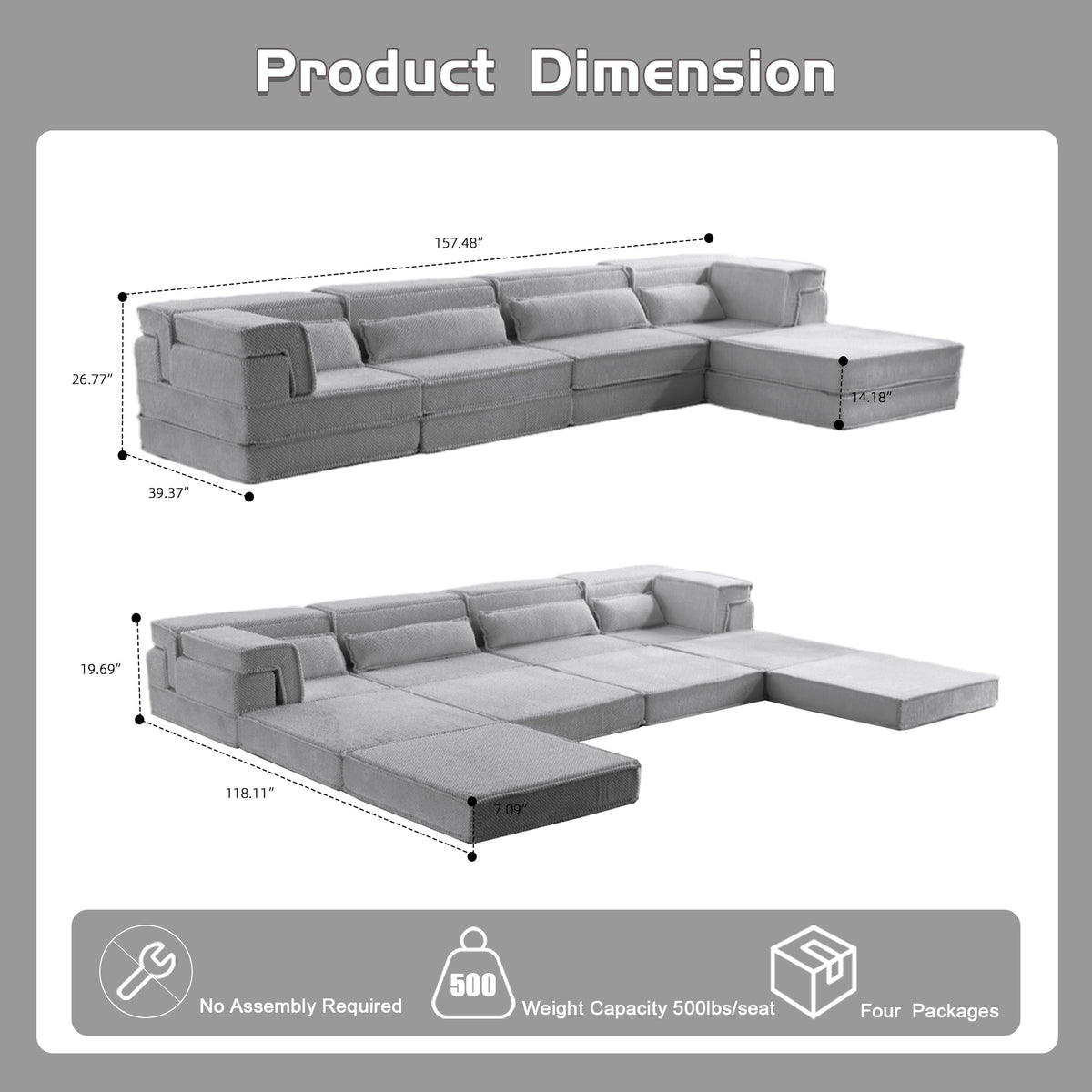 Compression Mahjong Sofa,Convertible Floor Sofa Bed,DIY Boneless Modular Sectional Sofa,No Assembly Required,Circle Fleece Fabric,Oversized 4 Seater With 1 Ottoman,Light-grey
