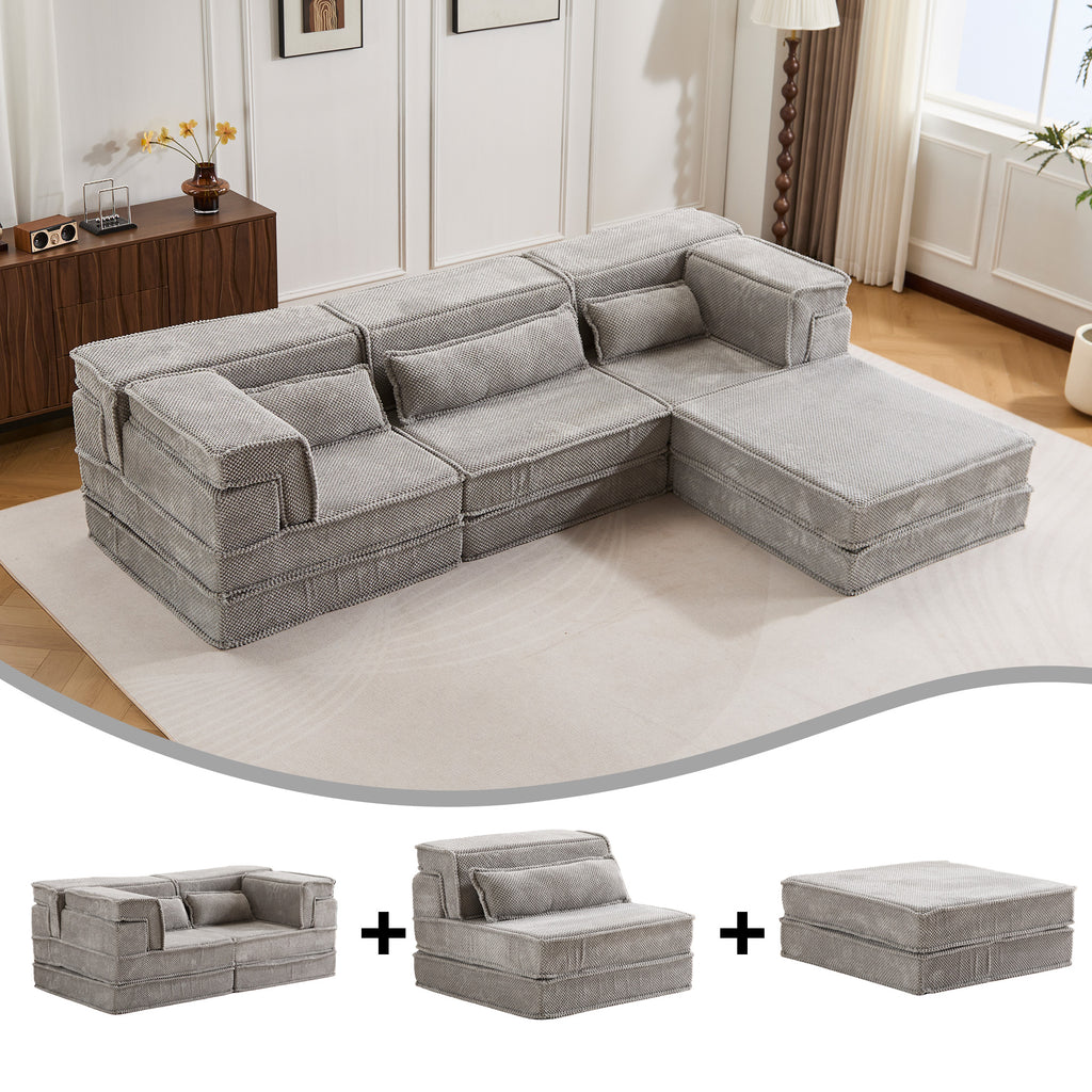 Compression Mahjong Sofa,Convertible Floor Sofa Bed,DIY Boneless Modular Sectional Sofa,No Assembly Required,Circle Fleece Fabric,Oversized 3 Seater With 1 Ottoman,Light-grey