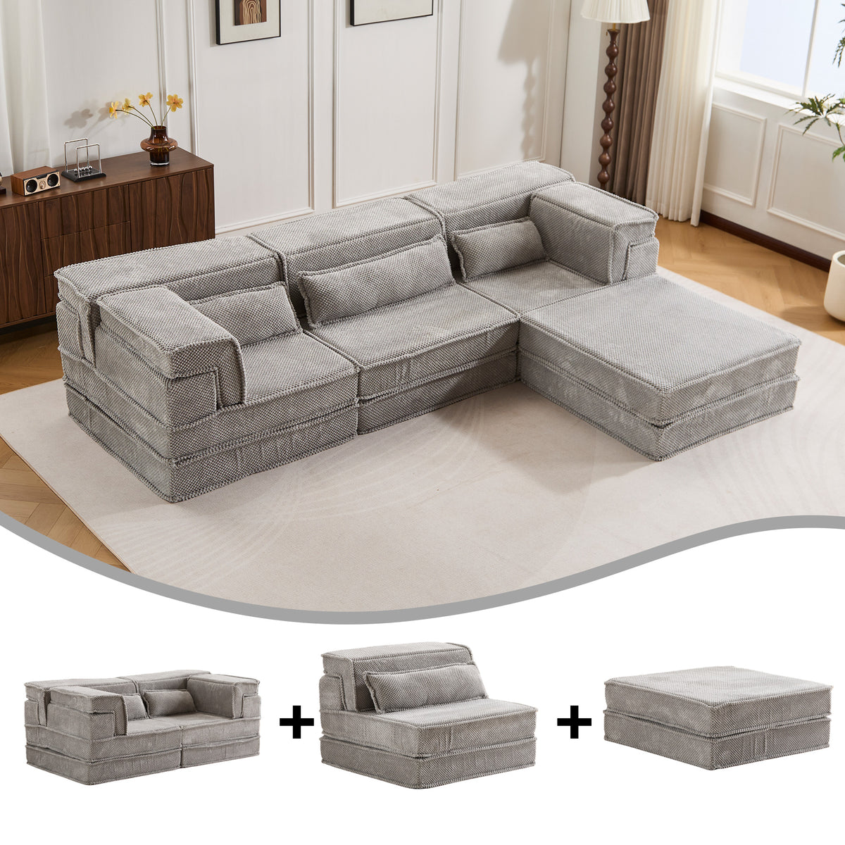 Compression Mahjong Sofa,Convertible Floor Sofa Bed,DIY Boneless Modular Sectional Sofa,No Assembly Required,Circle Fleece Fabric,Oversized 3 Seater With 1 Ottoman,Light-grey