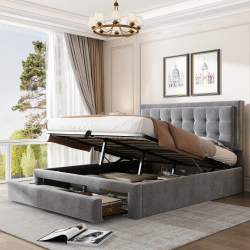 Upholstered Bed,Double Bed-4ft6 135x190cm, Velvet Fabric, Double Bed, Large Storage Space,With Slats And Headboard,Without Mattress,Grey