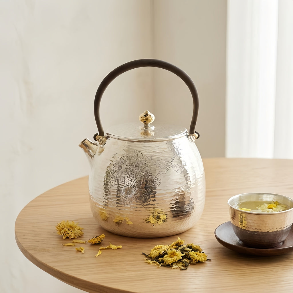 Pure 999 Fine Silver Handcrafted Silver Teapot with Engraved Chrysanthemum Motif and Hammered Finish - Handicraft