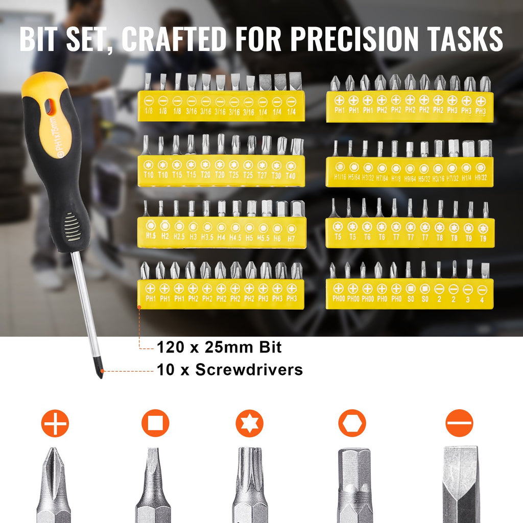 221-Piece Mechanics Tool Set, 1/4" And 3/8" Drive Sockets, SAE And Metric Mechanic Tool Kit With Bits, Wrenches, Ratchet Handle, Accessories, And Plastic Storage Case, For Automotive Repair